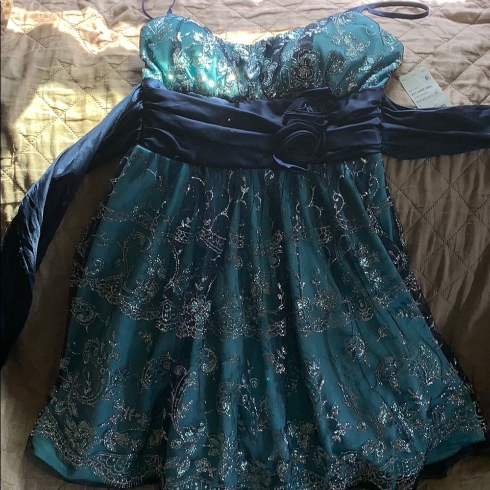 Strapless aqua navy silver lace overlay dress